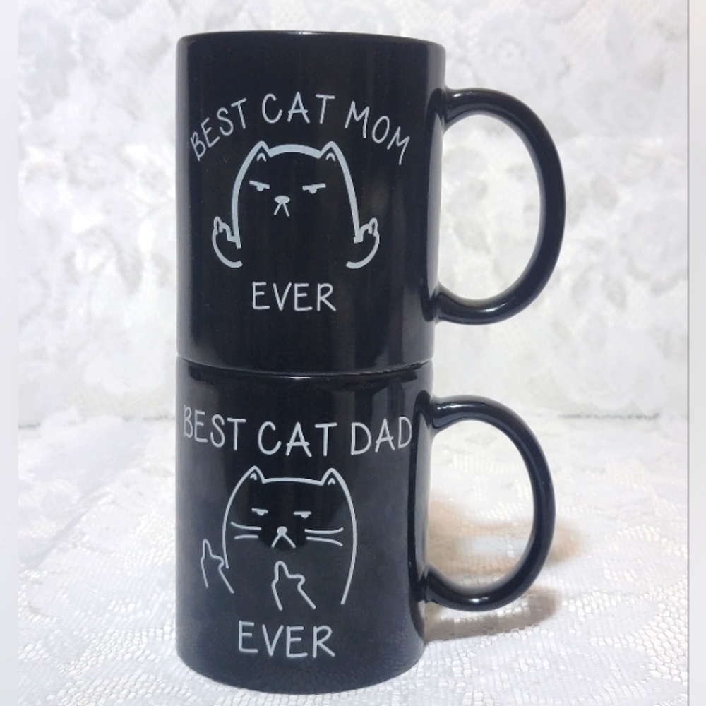 Set Of 2 Black Ceramic Mug Best CAT DAD MOM Ever 11oz Coffee Cup Pet Lover Funny